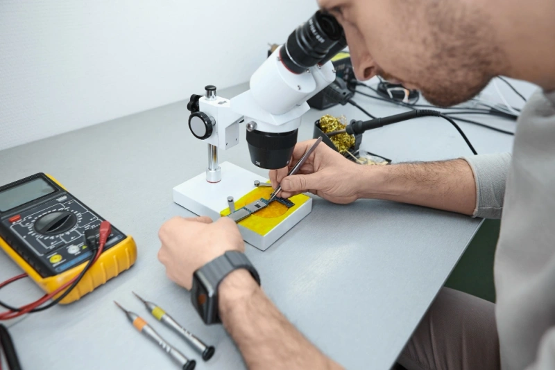 Microscope inspection of micro-solder joints on PCB—BGA/QFN defect analysis for AI-assisted quality control.