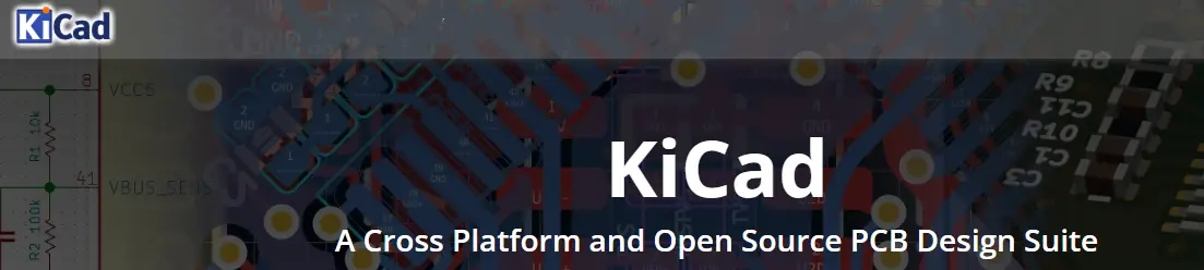 KiCad - A Cross Platform and Open Source PCB Design Suite logo on a circuit background