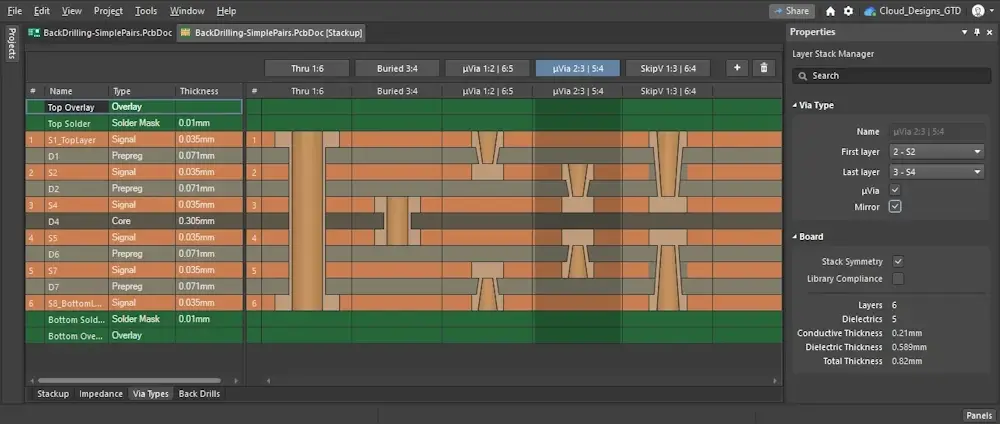Altium Designer layer stack manager with various via types