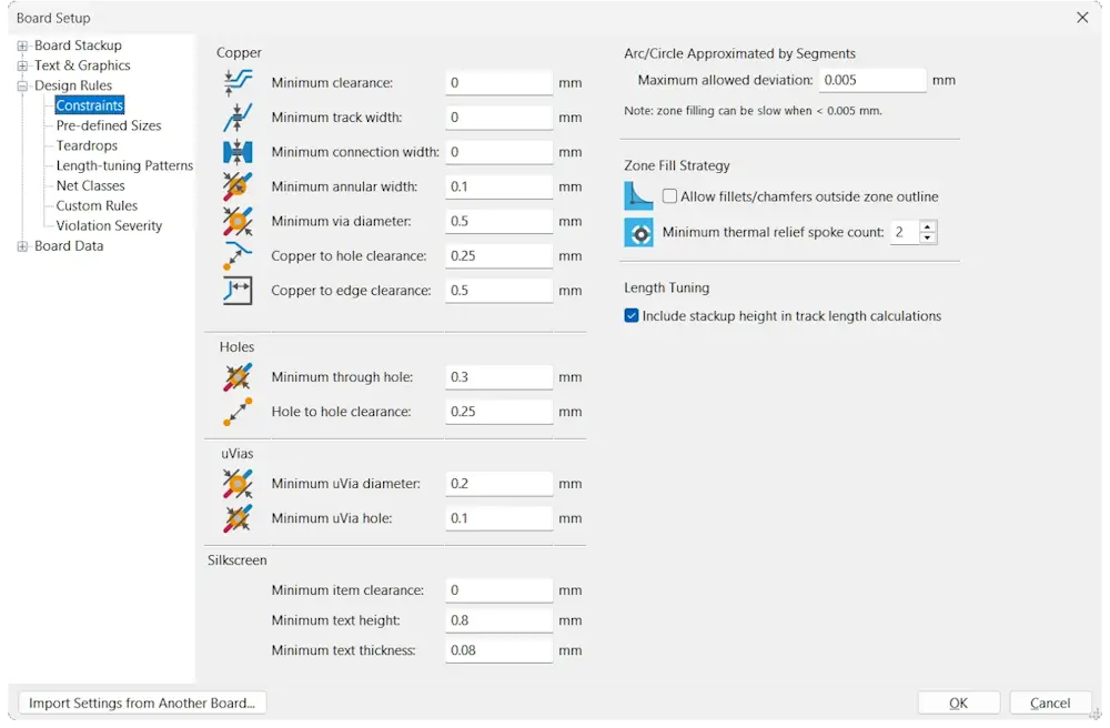 KiCad Design rule constraints DRC rules settings interface