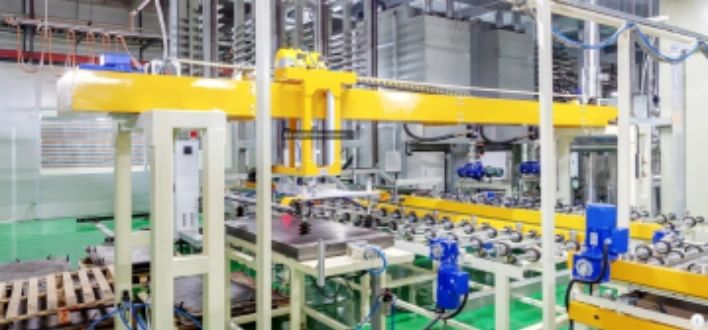 Automated PCB manufacturing assembly line with robotic arms and conveyor belts for high-efficiency production.