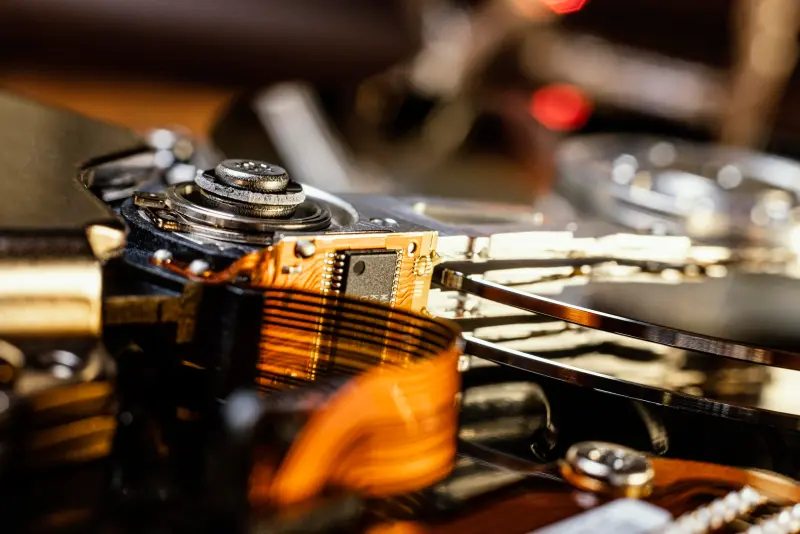 Close-up of PCB manufacturing components, showcasing the intricate details of electronic assembly with traces, components, and soldering processes.