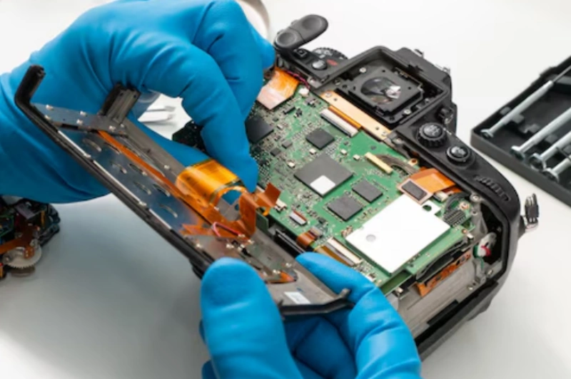 Camera teardown showing flex and PCB—flex-rigid interconnects used in wearable electronics components