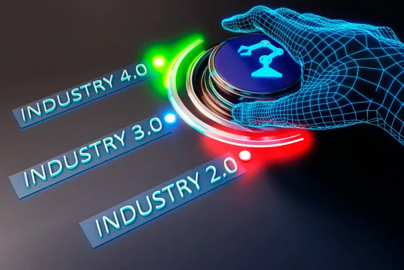 Industrial Internet of Things concept: digital hand activating an Industry 4.0 automation control button for smart manufacturing.
