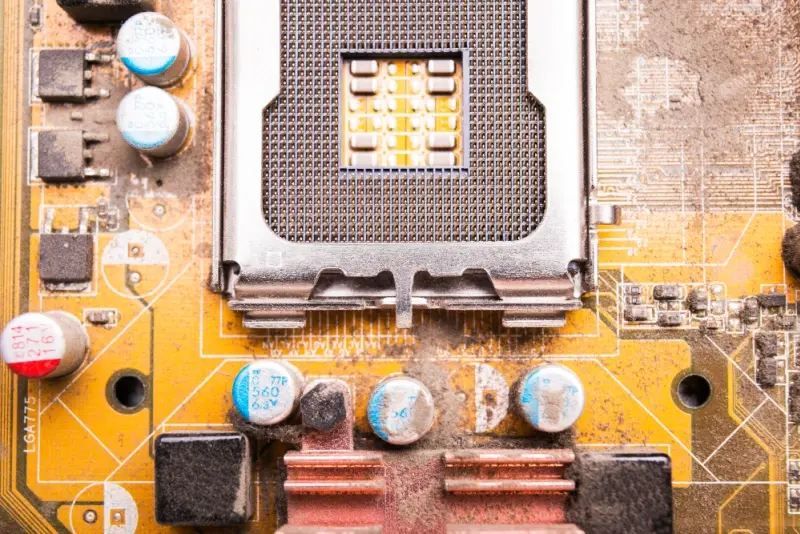 PCB Thermal Design: dusty CPU socket and capacitors on a motherboard, illustrating heat and contamination risks to cooling.