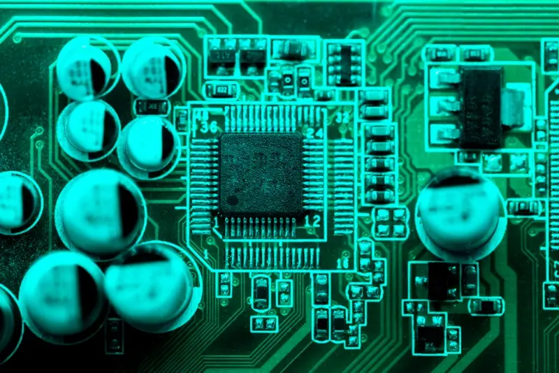 Substrate Material Selection: teal-lit close-up of a PCB with a QFP microcontroller, electrolytic capacitors, SMD passives, and fine copper traces.