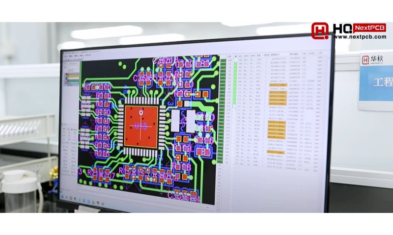 Engineer reviewing PCB assembly drawing and Centroid/XY data on screen at NextPCB