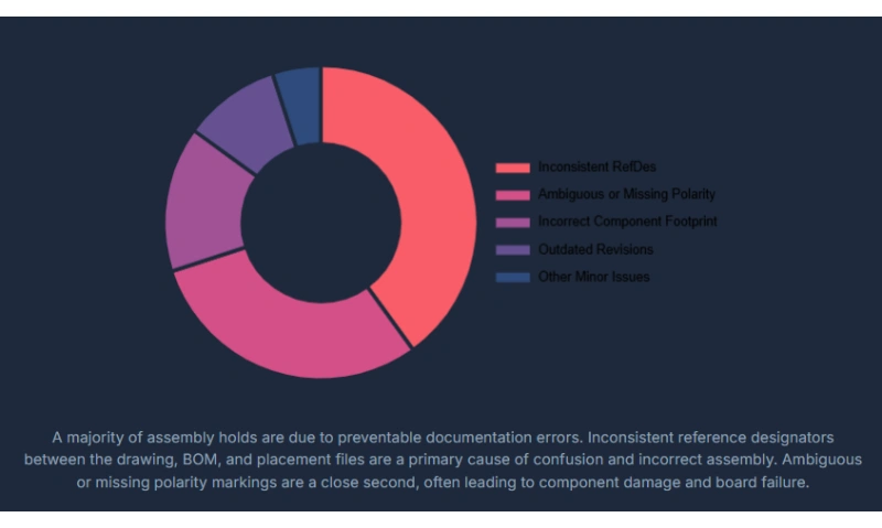 Chart of common PCBA assembly errors: RefDes mismatch, missing polarity, wrong footprint