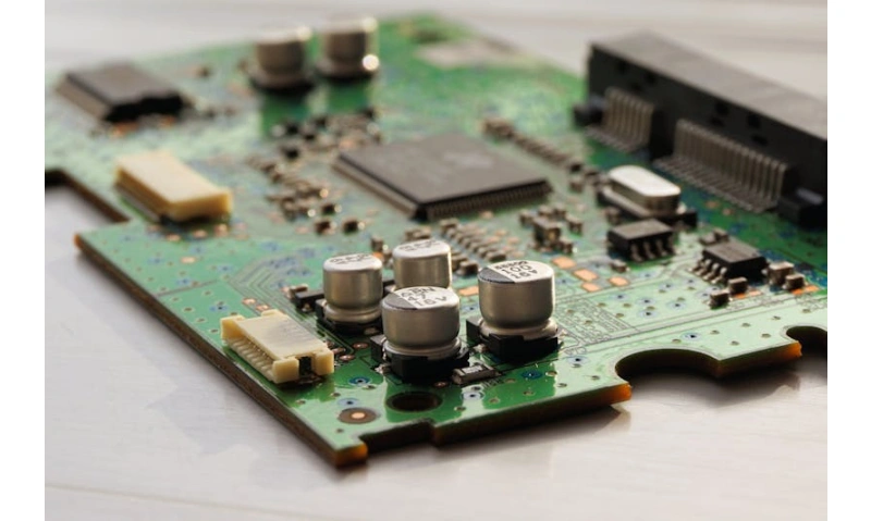 Electrolytic capacitors on assembled PCB showing critical polarity orientation: Polarity clarity prevents costly rework and failures.