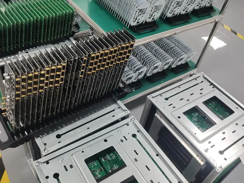 Close-up image of PCB assemblies with heatsinks, showing multiple layers of circuit boards being processed for electronics assembly.