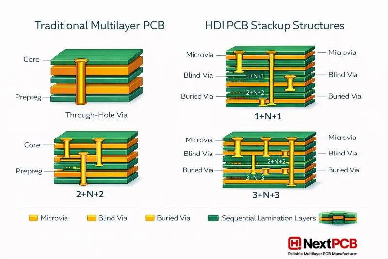 Technical diagram comparing traditional multilayer PCB and HDI PCB stackup structures with microvias, blind vias, buried vias, and sequential lamination layers in 1+N+1, 2+N+2, and 3+N+3 configurations.