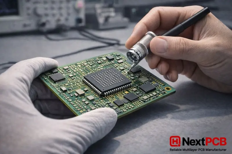 Engineer inspecting an HDI PCB with microvias, via-in-pad, and dense routing under a BGA package in a professional electronics lab