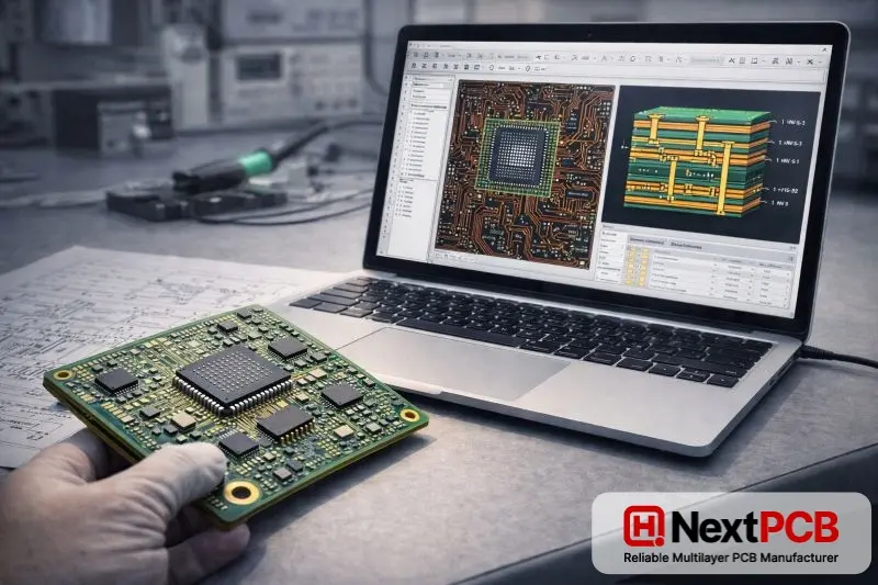 HDI PCB on a work desk beside a laptop displaying PCB layout and stackup design, representing collaboration between PCB design and manufacturing.